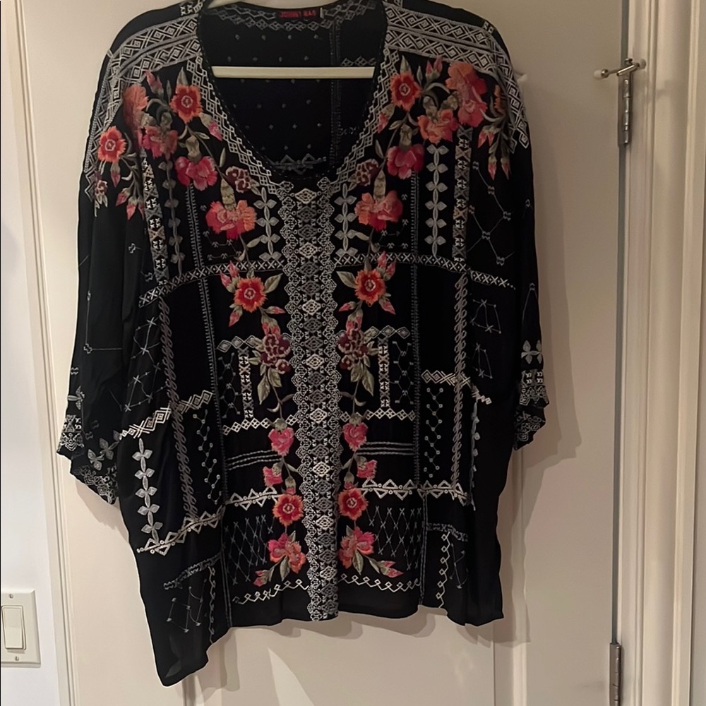 Johnny Was Black Blouse womens XL with Pink Floral Embroidery- perfect